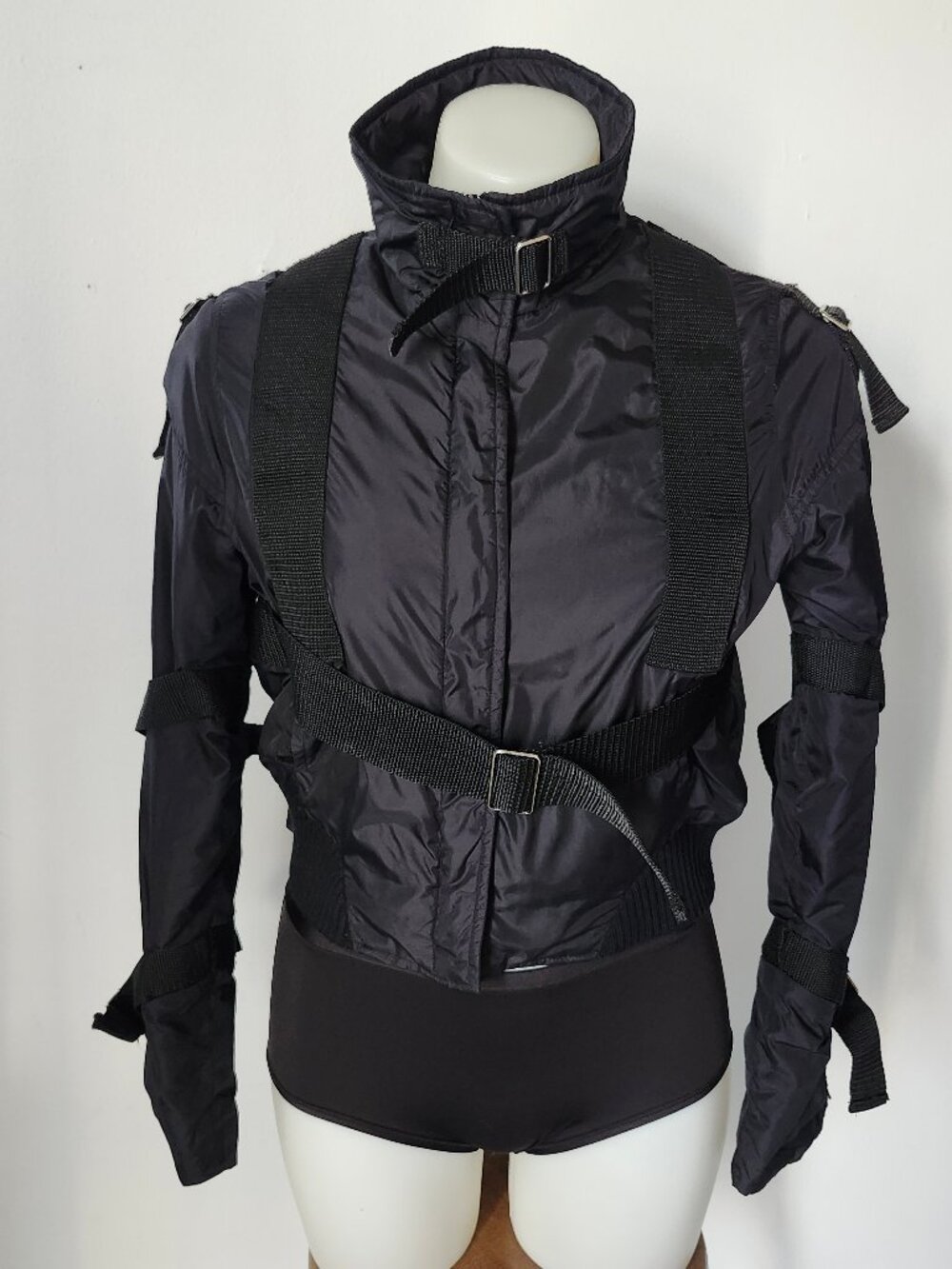 Vtg Axara Paris France Black Buckle + Strap Moto Jacket w/ Chrome Buckle Details